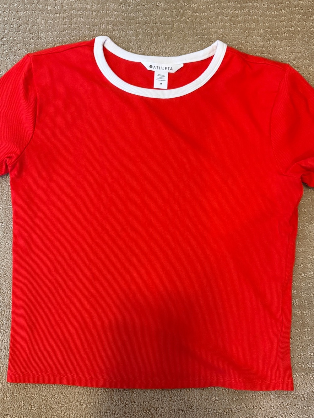 Athleta  Red Short Sleeve ribbed Tee with White Crew Neck